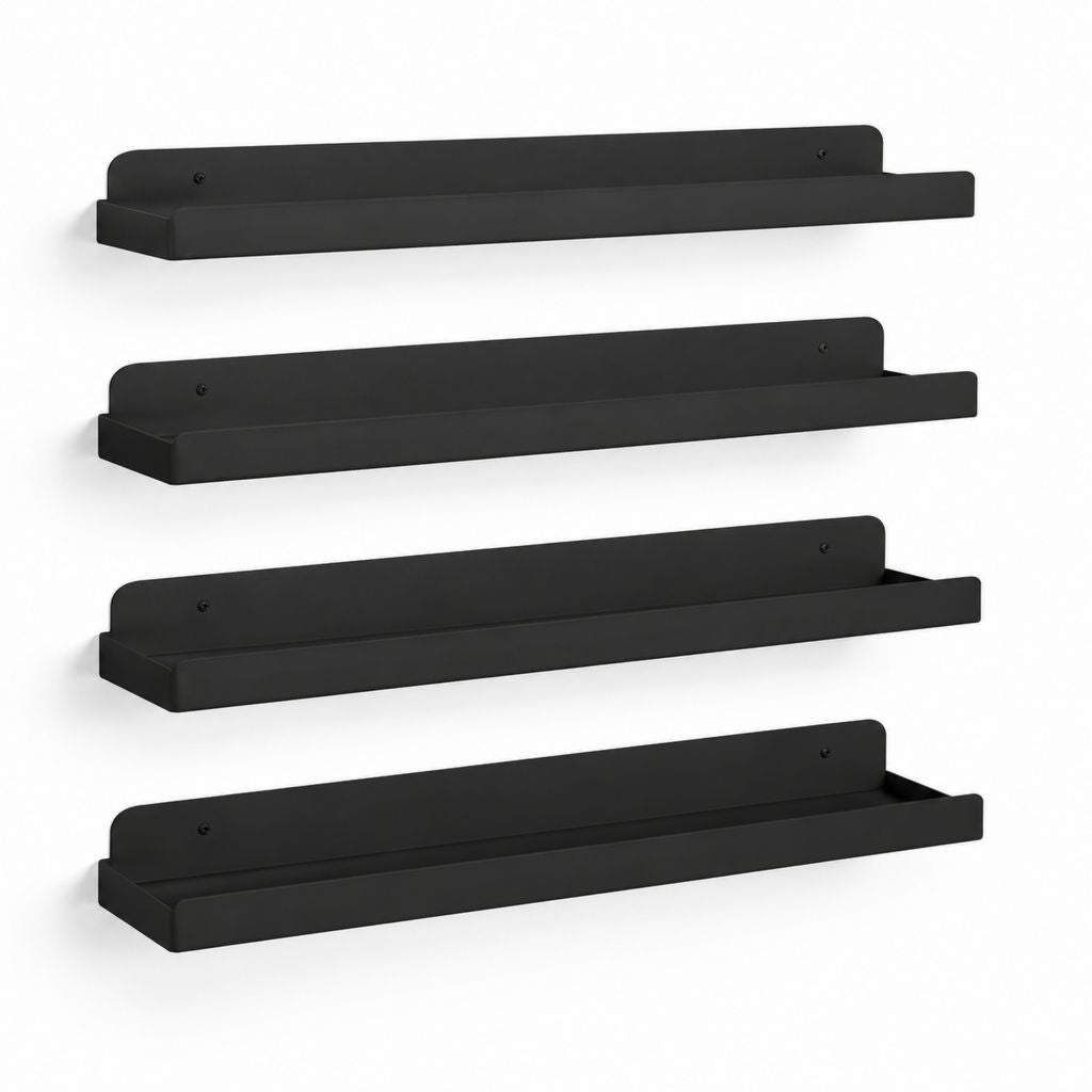 Set 4 Mensole da Parete Nere in Acciaio al Carbonio Rettangolari 60 x 10 x 10 cm
