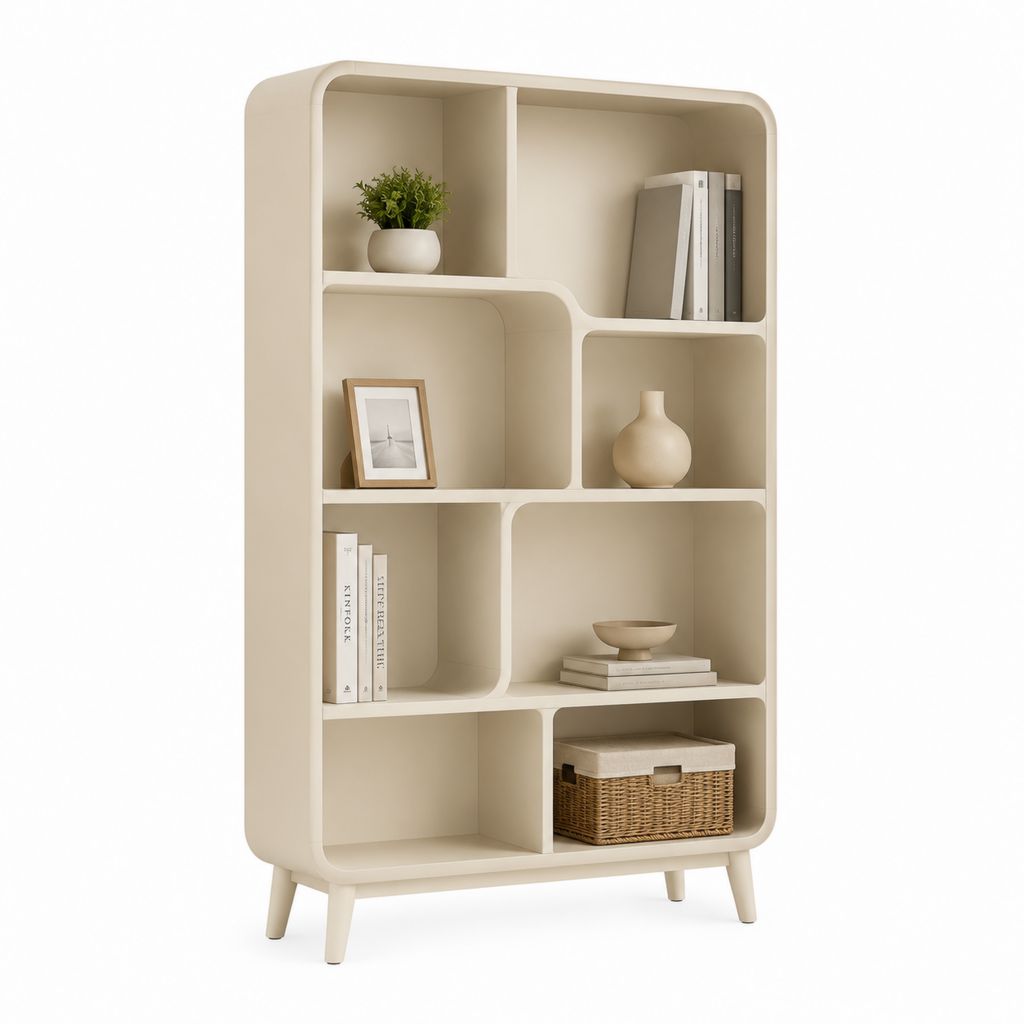 Libreria a giorno beige in MDF laccato con angoli arrotondati 100 x 35 x 180 cm