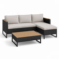Set divano da giardino angolare 3 pezzi nero in rattan PE con cuscini beige e tavolino in acacia 190 x 130 x 63 cm