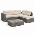 Set divano angolare da giardino 3 pezzi grigio in rattan PE con cuscini beige e tavolino 210 x 140 x 65 cm