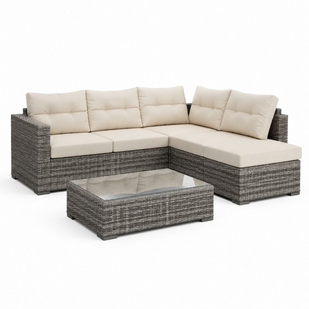 Set divano angolare da giardino 3 pezzi grigio in rattan PE con cuscini beige e tavolino 210 x 140 x 65 cm