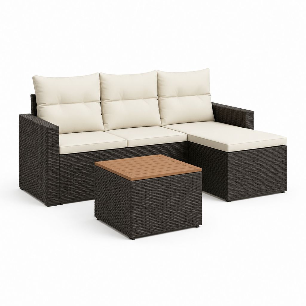 Set divano da giardino angolare 3 pezzi marrone in rattan PE con cuscini beige 180 x 130 x 65 cm