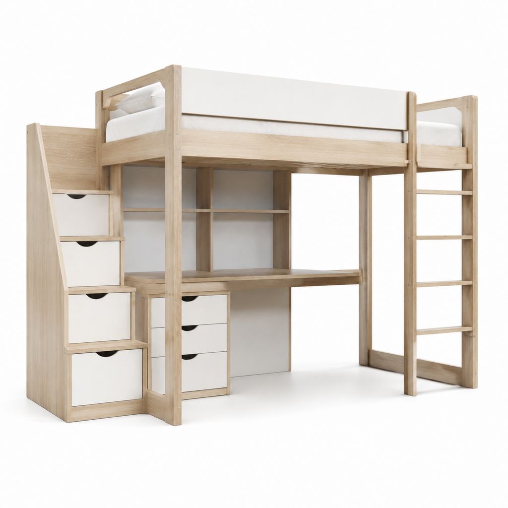 Letto a soppalco per bambini con scrivania e contenitori bianco e rovere in pino massello 90 x 200 cm 206 x 105 x 180 cm