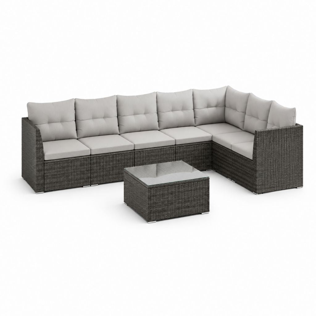 Set divano angolare da giardino 6 posti grigio in rattan PE con tavolino 300 x 230 cm
