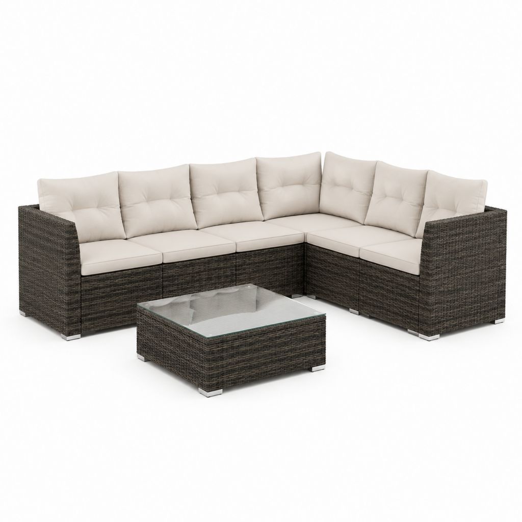 Set divano angolare da giardino 5 posti marrone in rattan sintetico PE con cuscini beige e tavolino 210 x 210 x 70 cm