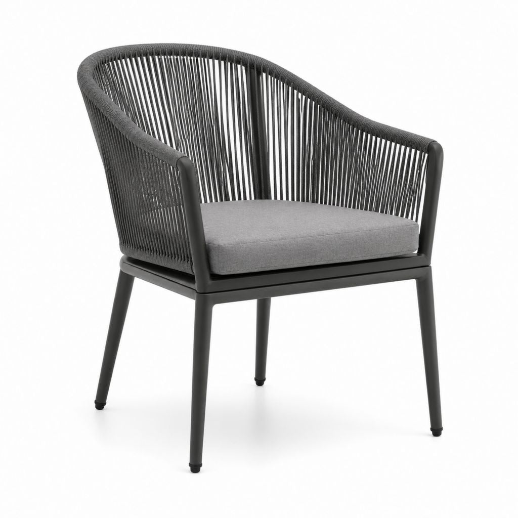 Sedia da giardino con braccioli nera in alluminio e corda sintetica con cuscino grigio 58 x 60 x 78 cm
