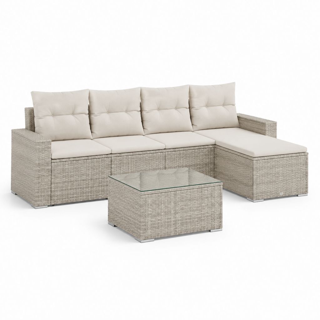 Set divano da giardino angolare 4 posti grigio beige in rattan PE con tavolino 240 x 180 x 65 cm