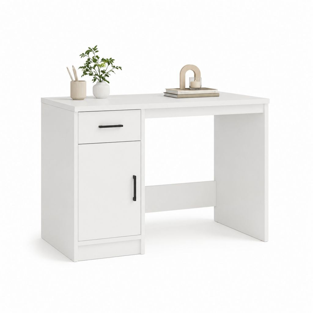 Scrivania tradizionale bianca in pannello truciolare melaminico rettangolare con cassetto e anta 100 x 50 x 75 cm