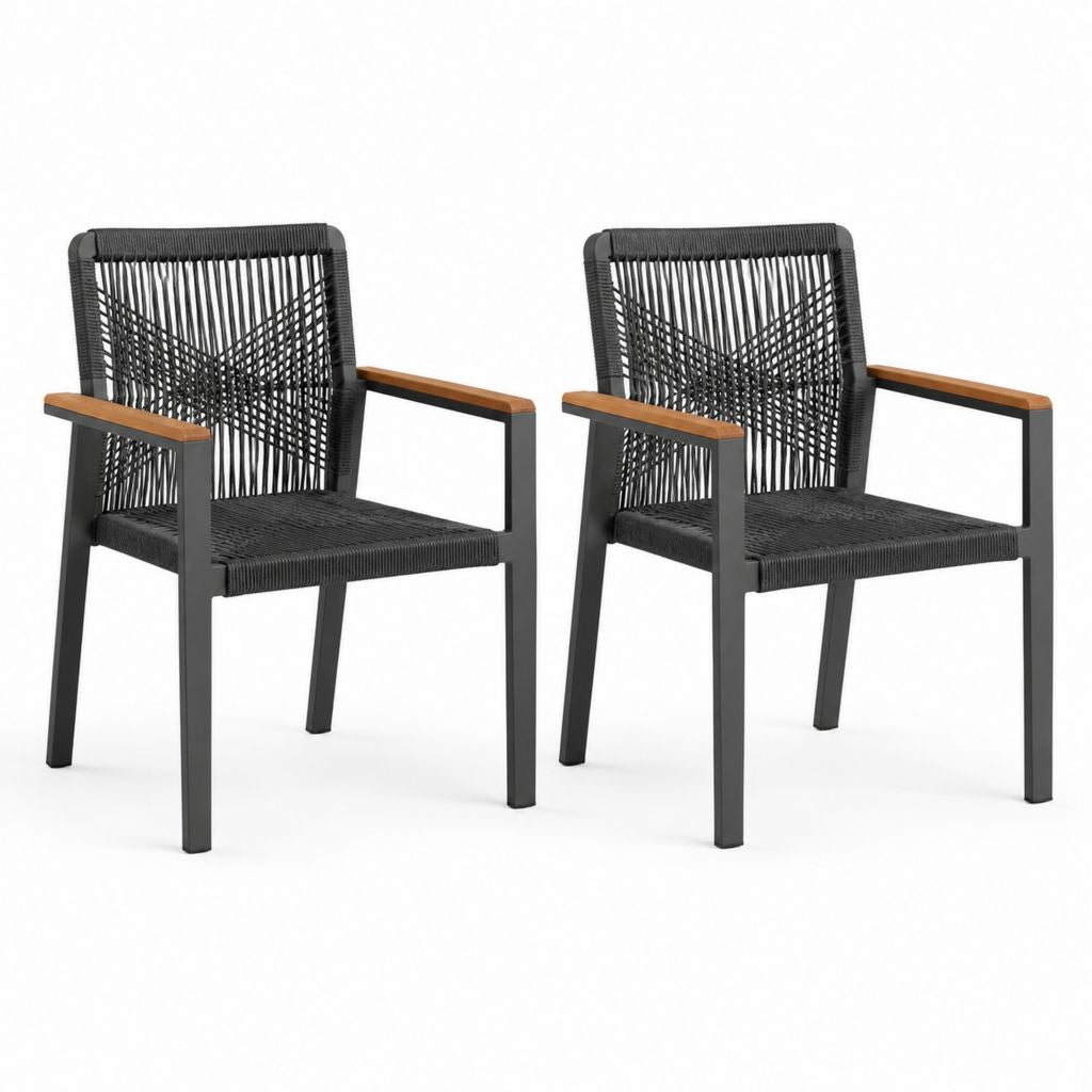 Set di 2 Sedie da Giardino Nere in Acciaio e Corda PE con Braccioli in Acacia 56 x 60 x 88 cm