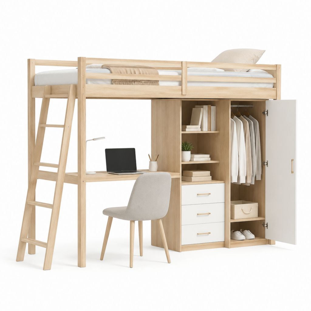 Letto a soppalco singolo con scrivania armadio e sedia rovere chiaro e bianco in pino massello e pannelli truciolari 204 x 100 x 180 cm