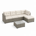 Set divano angolare da giardino 4 posti grigio e beige in polyrattan PE con tavolino in vetro 230 x 180 x 65 cm