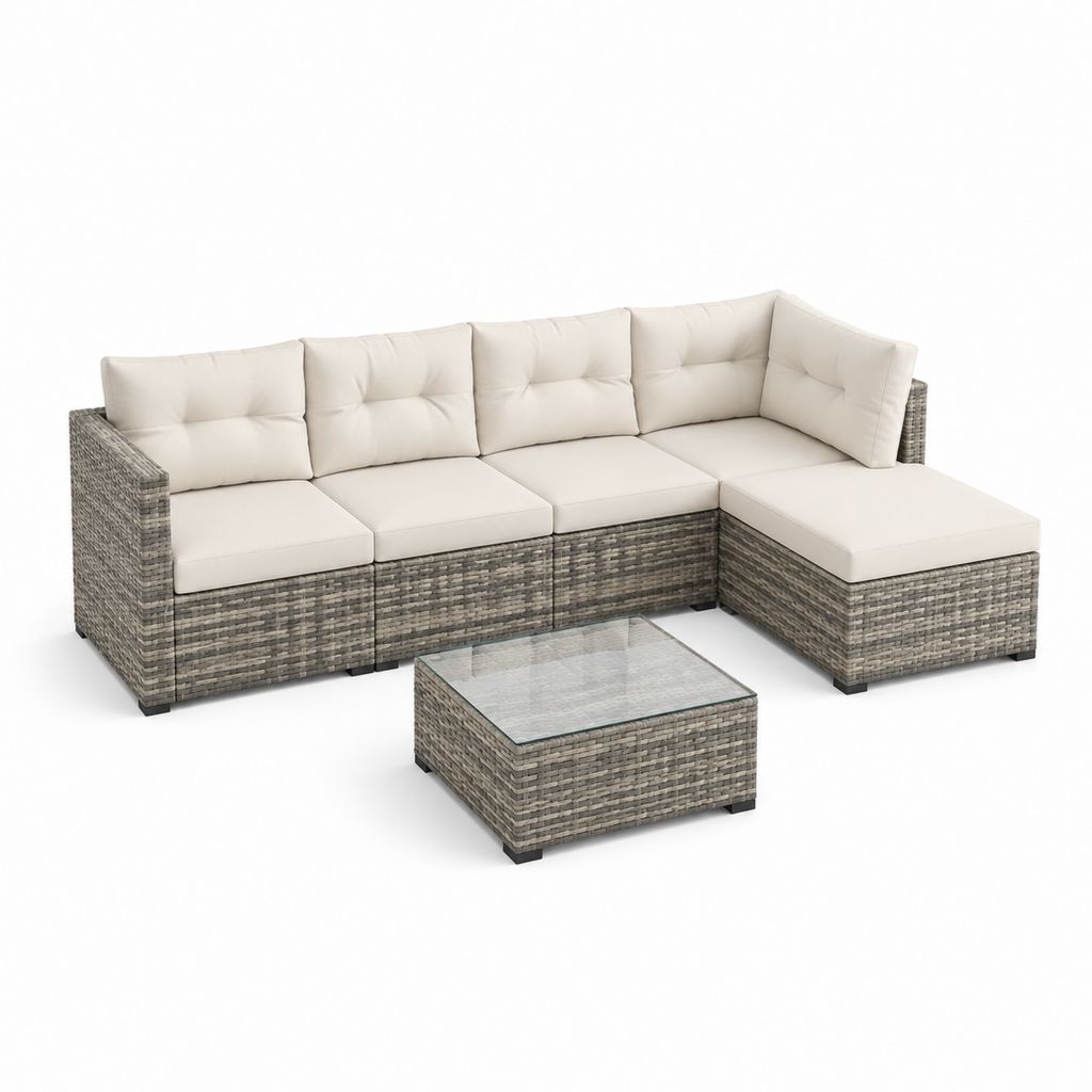 Set divano angolare da giardino 4 posti grigio e beige in polyrattan PE con tavolino in vetro 230 x 180 x 65 cm