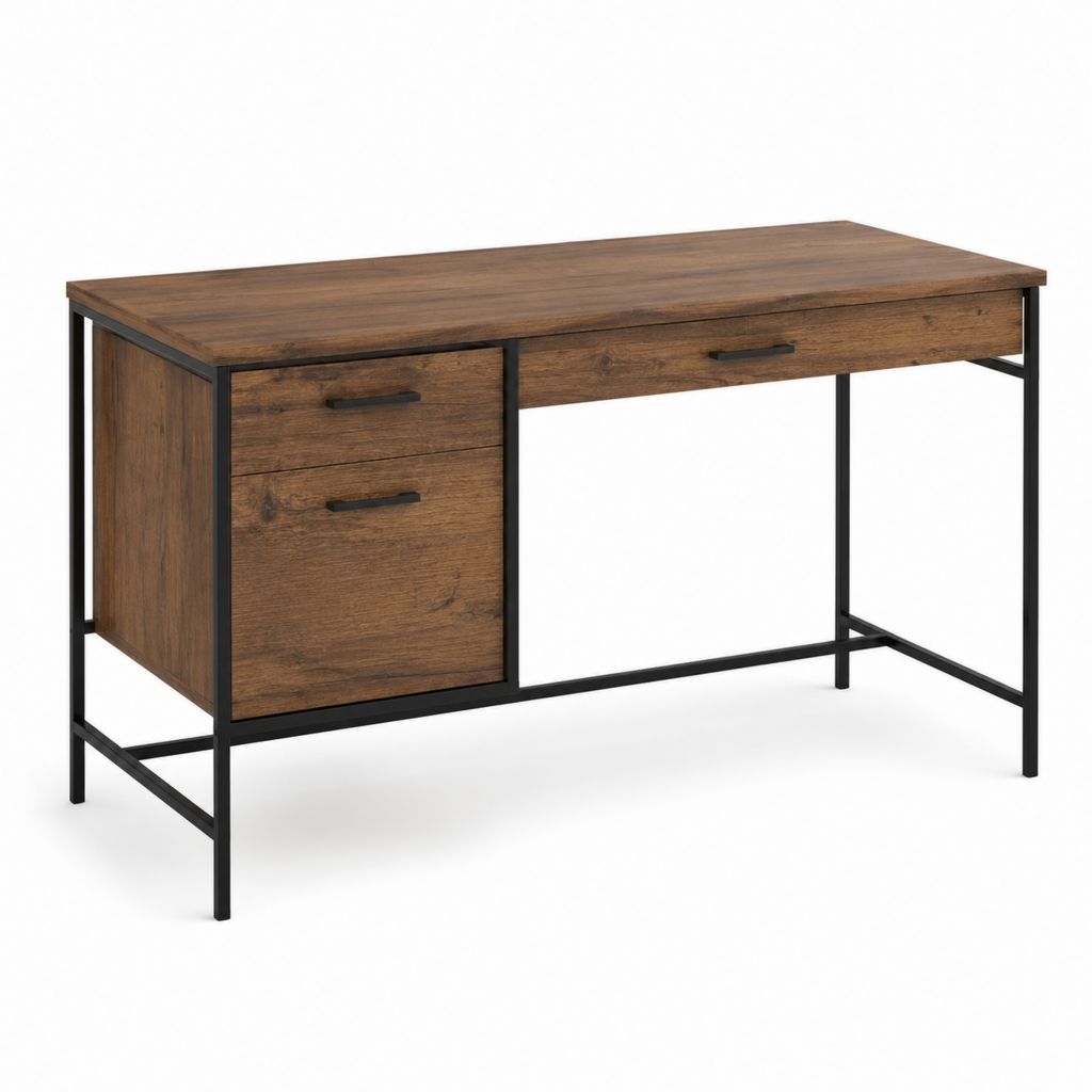 Scrivania da ufficio marrone rustico e nero in pannello truciolare e acciaio 120 x 60 x 75 cm con 3 cassetti