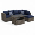 Set divano da giardino angolare 3 pezzi grigio in rattan PE con cuscini blu e tavolino 180 x 70 x 65 cm