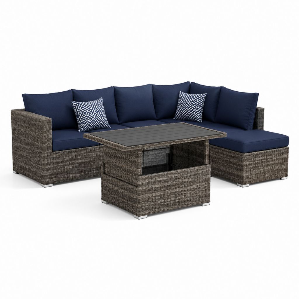 Set divano da giardino angolare 3 pezzi grigio in rattan PE con cuscini blu e tavolino 180 x 70 x 65 cm