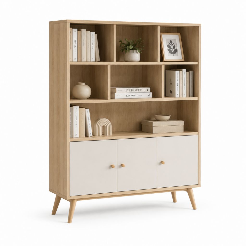 Libreria con ante bianco e rovere in pannelli truciolari 120 x 40 x 180 cm
