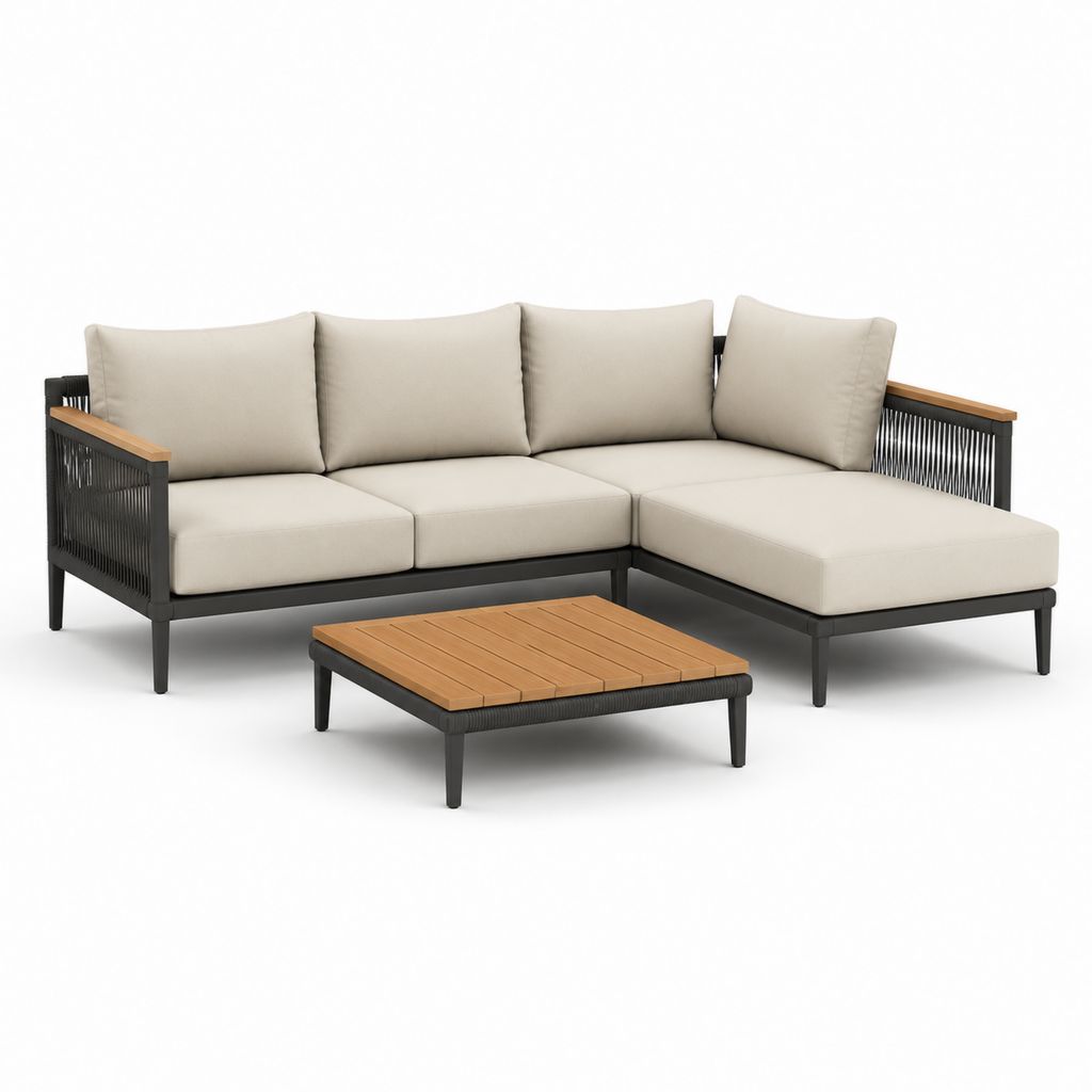 Set divano da giardino angolare con chaise longue beige in alluminio e corda PE 220 x 150 x 80 cm con tavolino in acacia 100 x 60 x 38 cm