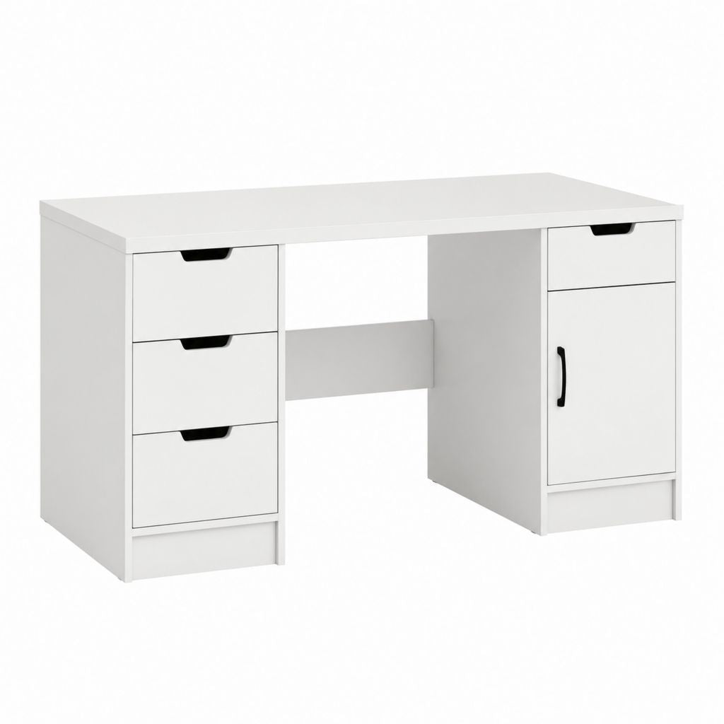 Scrivania ufficio bianca in pannello truciolare melaminico rettangolare con 4 cassetti e anta 120 x 60 x 75 cm