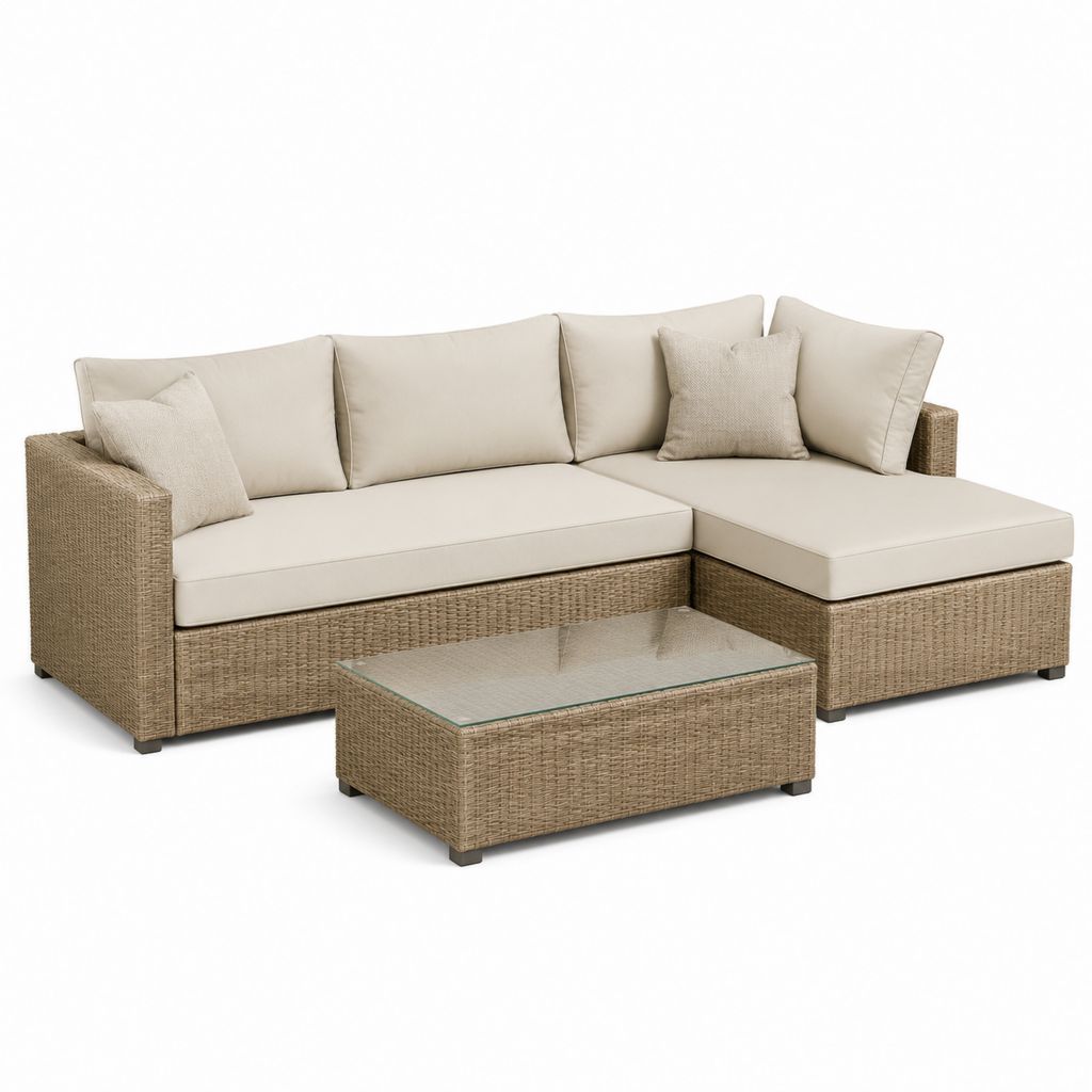 Set divano da giardino angolare 4 posti beige in rattan PE con tavolino in vetro temperato 230 x 180 x 85 cm