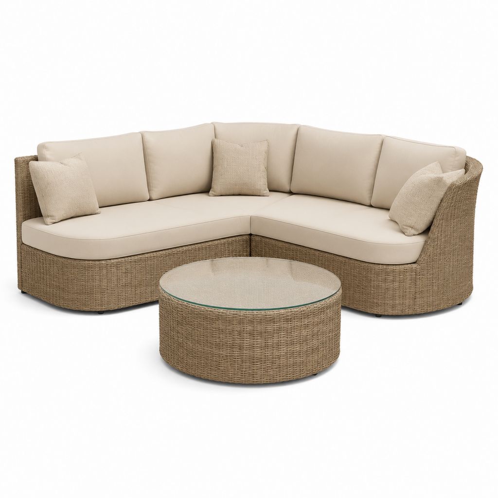 Set divano da giardino angolare beige in rattan PE con tavolino rotondo 220 x 220 x 85 cm