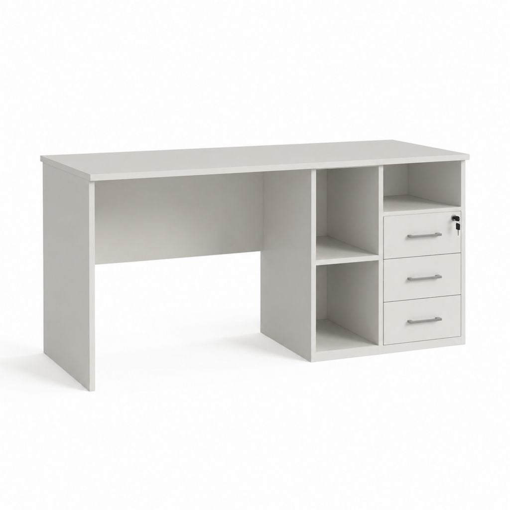 Scrivania da ufficio bianca in pannello truciolare 120 x 60 x 75 cm con 3 cassetti e vani aperti