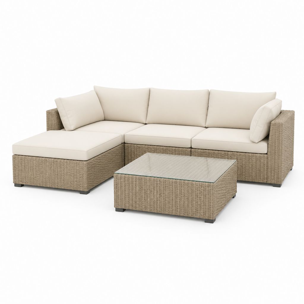 Set divano da giardino angolare beige in rattan PE con tavolino quadrato 210 x 140 x 63 cm