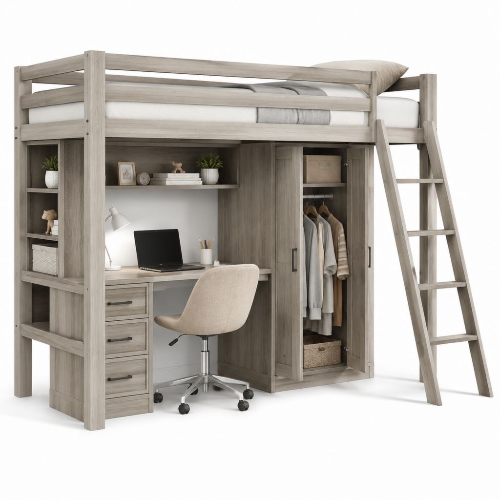 Letto a soppalco singolo 90x200 cm grigio rovere in pannello truciolare con scrivania armadio e scala