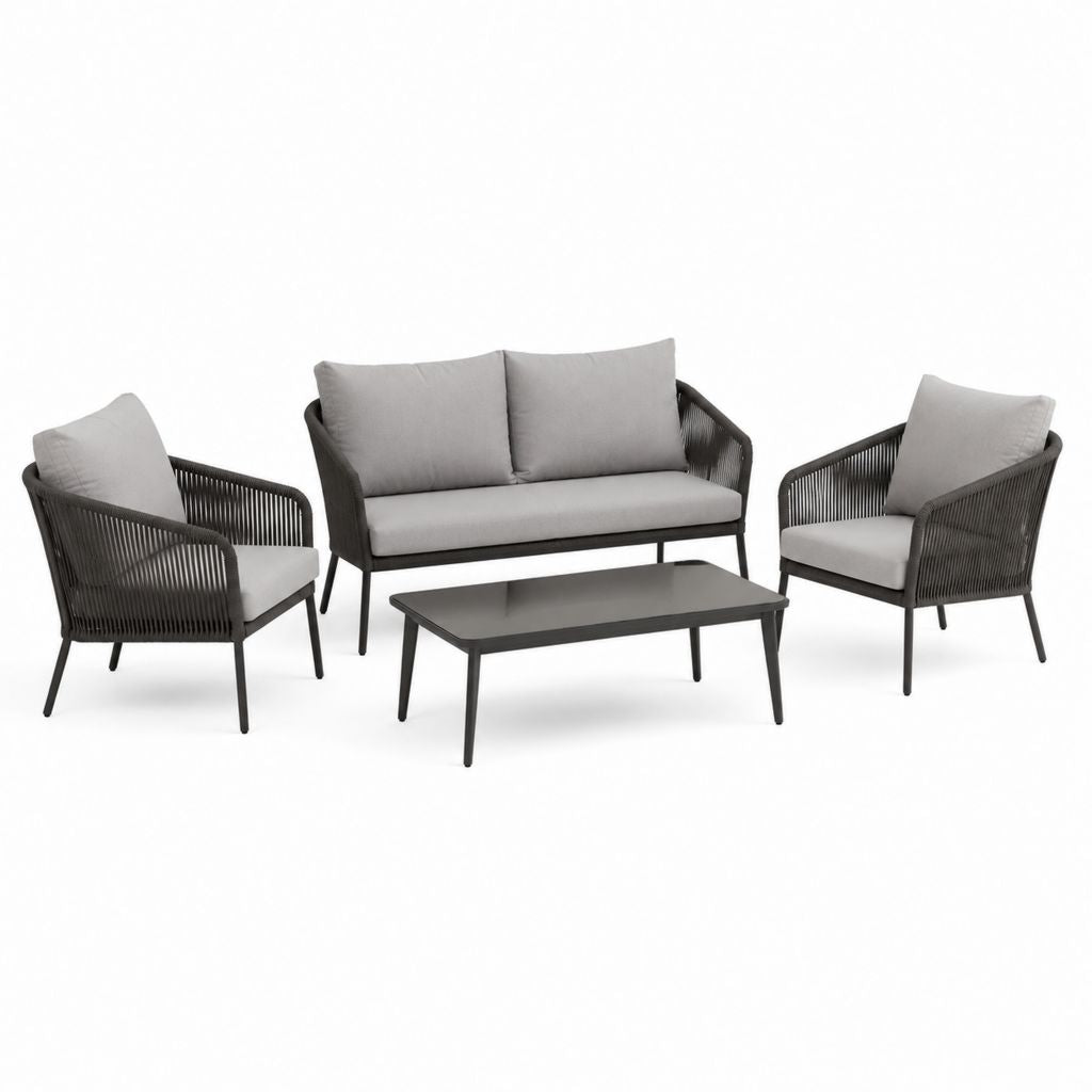 Salotto da giardino 4 pezzi grigio e antracite in alluminio e corda sintetica con tavolino rettangolare 110 x 60 x 42 cm
