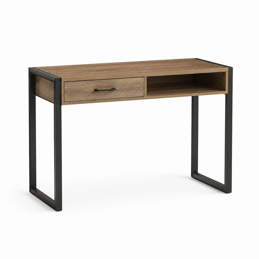 Scrivania tradizionale rettangolare marrone e nero in truciolare e acciaio con cassetto 120 x 60 x 75 cm