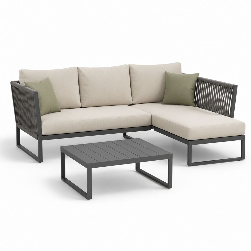 Set divano da giardino angolare con tavolino grigio antracite in alluminio e corda PP con cuscini beige 220 x 150 x 70 cm