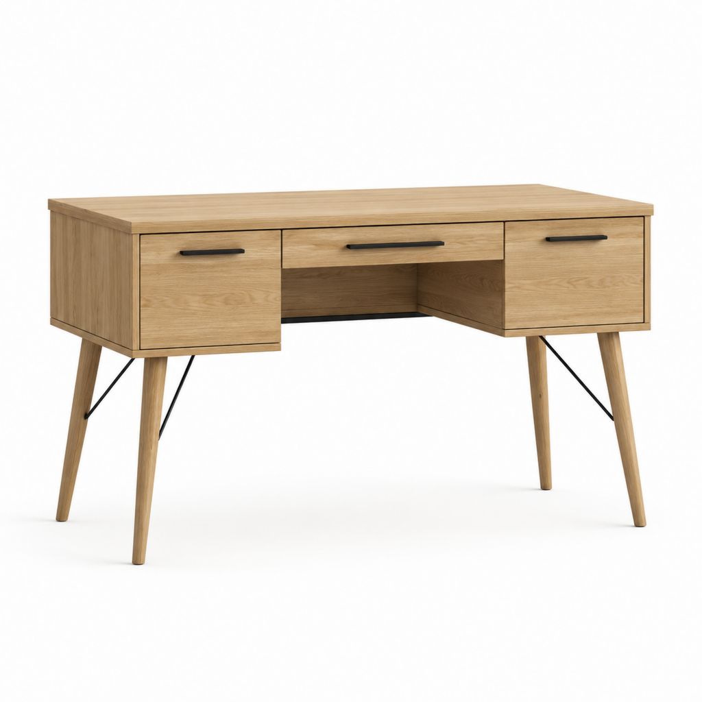 Scrivania tradizionale in rovere chiaro MDF impiallacciato rettangolare con 3 cassetti 140 x 60 x 75 cm