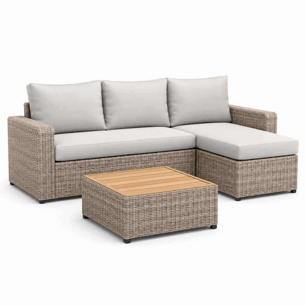Set divano da giardino angolare 3 posti con tavolino beige in rattan PE e alluminio 220 x 150 x 65 cm